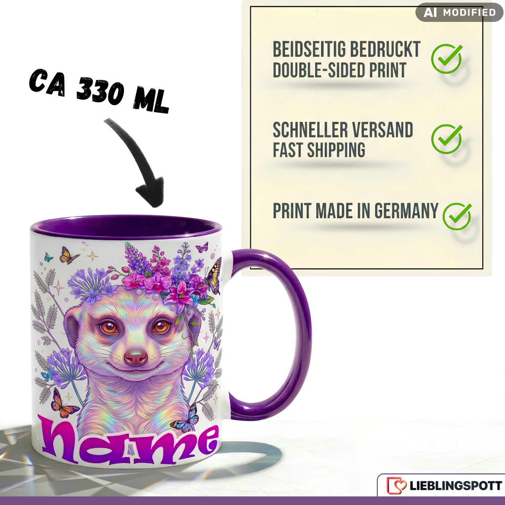 Erdmännchen Tasse Name personalisiert Geschenk Mädchen Lila Becher 330ml