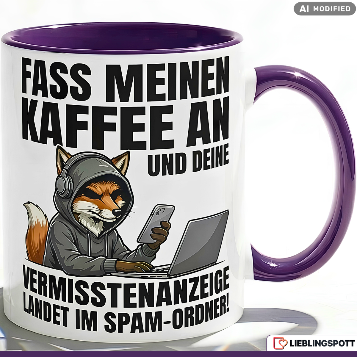 Fuchs Tasse Spruch Fass meinen Kaffee an Vermisstenanzeige landet im Spam-Ordner – Witzige Kaffeetasse Büro Arbeit Job IT Hacker Humor – Geschenk Kollegen – Keramik Becher 330ml