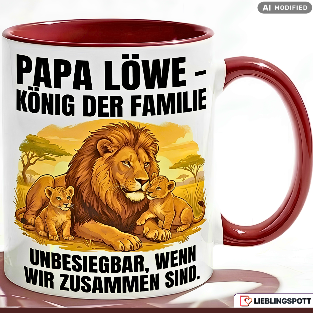 Papa Tasse Spruch Papa Löwe König der Familie Unbesiegbar wenn wir zusammen sind – Geschenk für Vater zum Vatertag Geburtstag Weihnachten – Kaffeetasse Löwen Motiv – Keramik Becher Weiß Schwarz 330ml