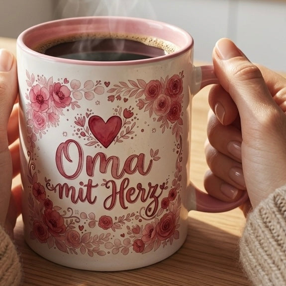 Oma Tasse Spruch Oma mit Herz – Geschenk für Großmutter Geburtstag Danke Weihnachten Enkelkinder – Kaffeetasse Blumenmotiv Rosen – Keramik Becher Weiß Rosa 330ml