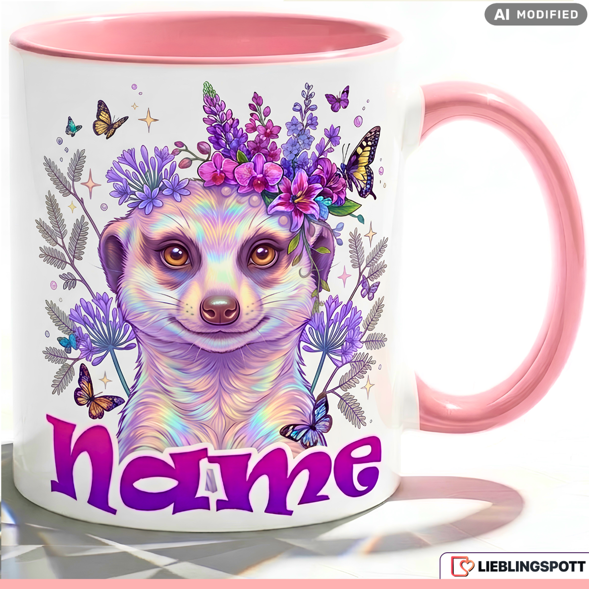 Erdmännchen Tasse Name personalisiert Geschenk Mädchen Lila Becher 330ml