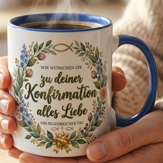 Konfirmation Tasse Spruch Wir wünschen dir zu deiner Konfirmation alles Liebe – Christliches Geschenk für Jungen Mädchen Teenager Patenkind 2027 – Kaffeetasse – Keramik Becher Weiß Blau 330ml