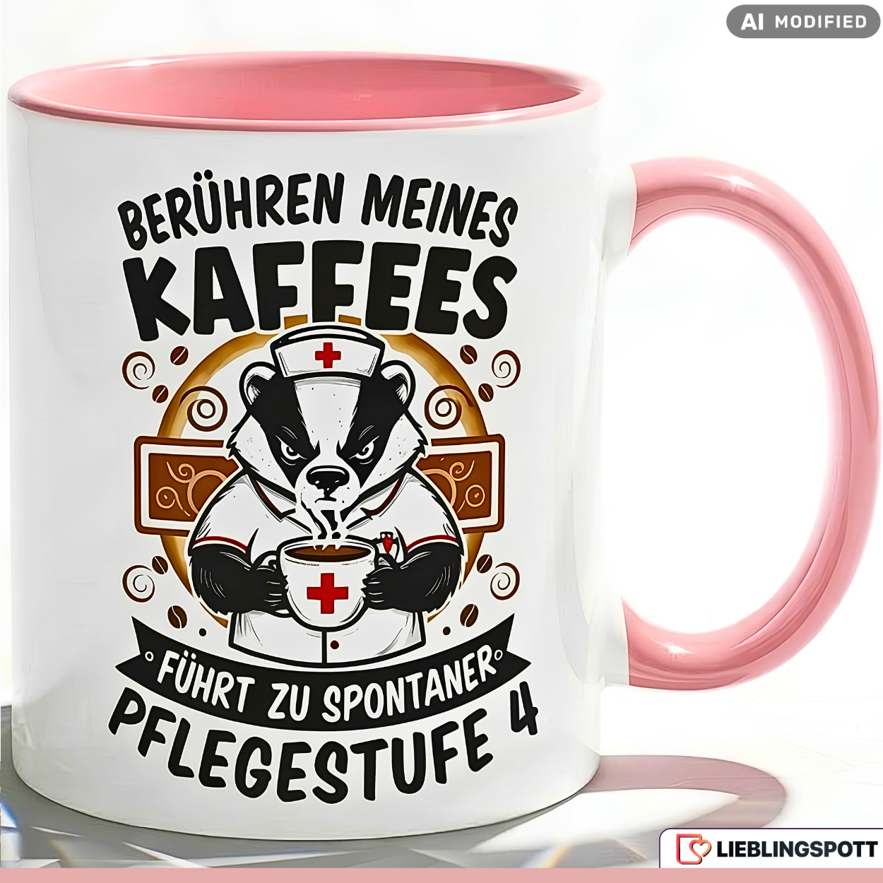 Lustige Dachs Tasse Spruch Berühren meines Kaffees führt zu spontaner Pflegestufe 4 – Witzige Kaffeetasse Pflegekraft Krankenschwester Pfleger – Geschenk Krankenhaus Altenpflege – Keramik 330ml