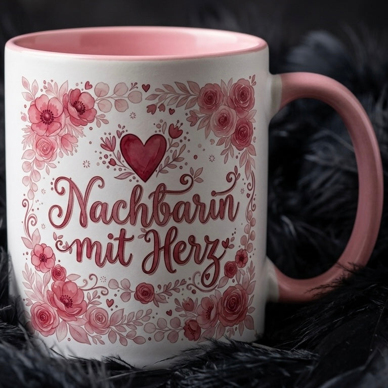 Nachbarin Tasse Spruch Nachbarin mit Herz – Geschenk für Nachbarin Geburtstag Einzug Umzug Danke Abschied – Liebevolle Kaffeetasse Blumen Muster – Keramik Becher Weiß Rosa 330ml