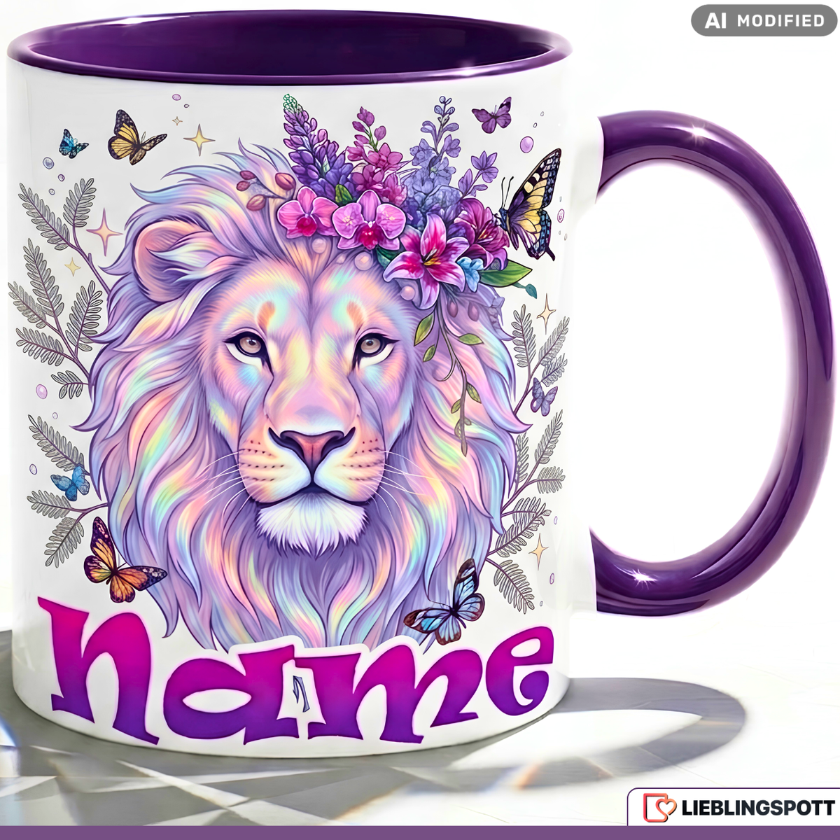 Löwe Tasse Name personalisiert Geschenk Mädchen Lila Becher 330ml