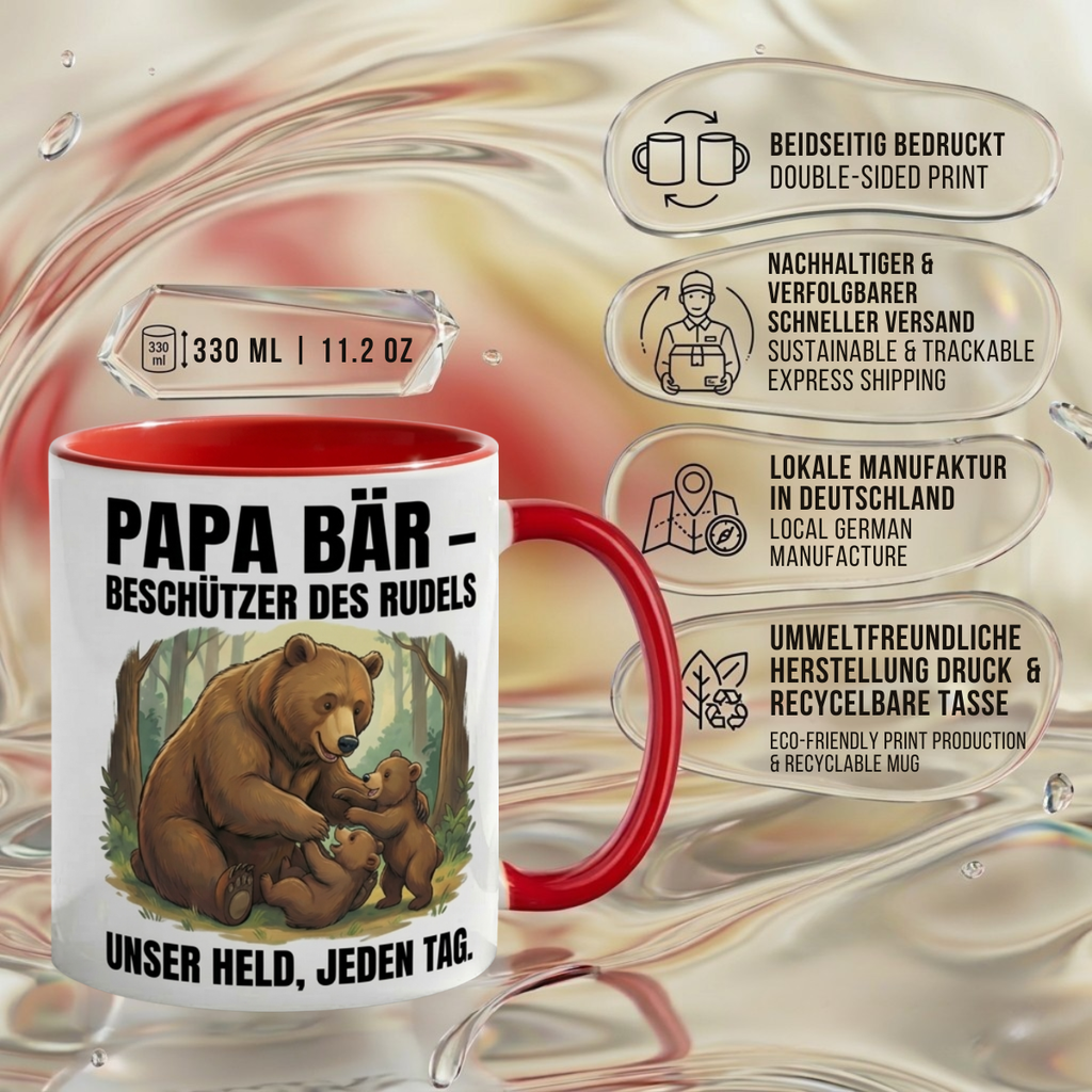 Papa Tasse Spruch Papa Bär Beschützer des Rudels Unser Held jeden Tag – Geschenk für Vater zum Vatertag Geburtstag Weihnachten – Liebevolle Kaffeetasse Bären Motiv – Keramik Becher 330ml