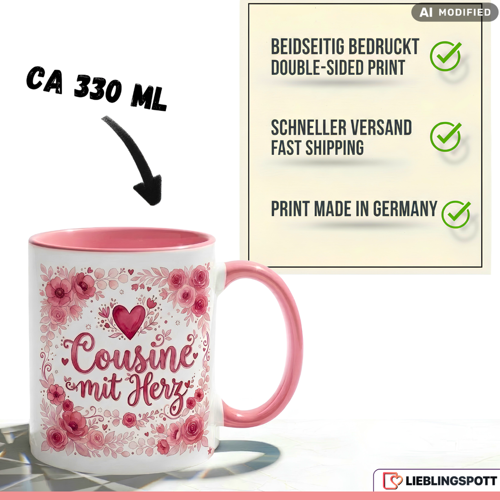 Cousine Tasse mit Herz Spruch Geschenk Geburtstag Rosa Becher 330ml
