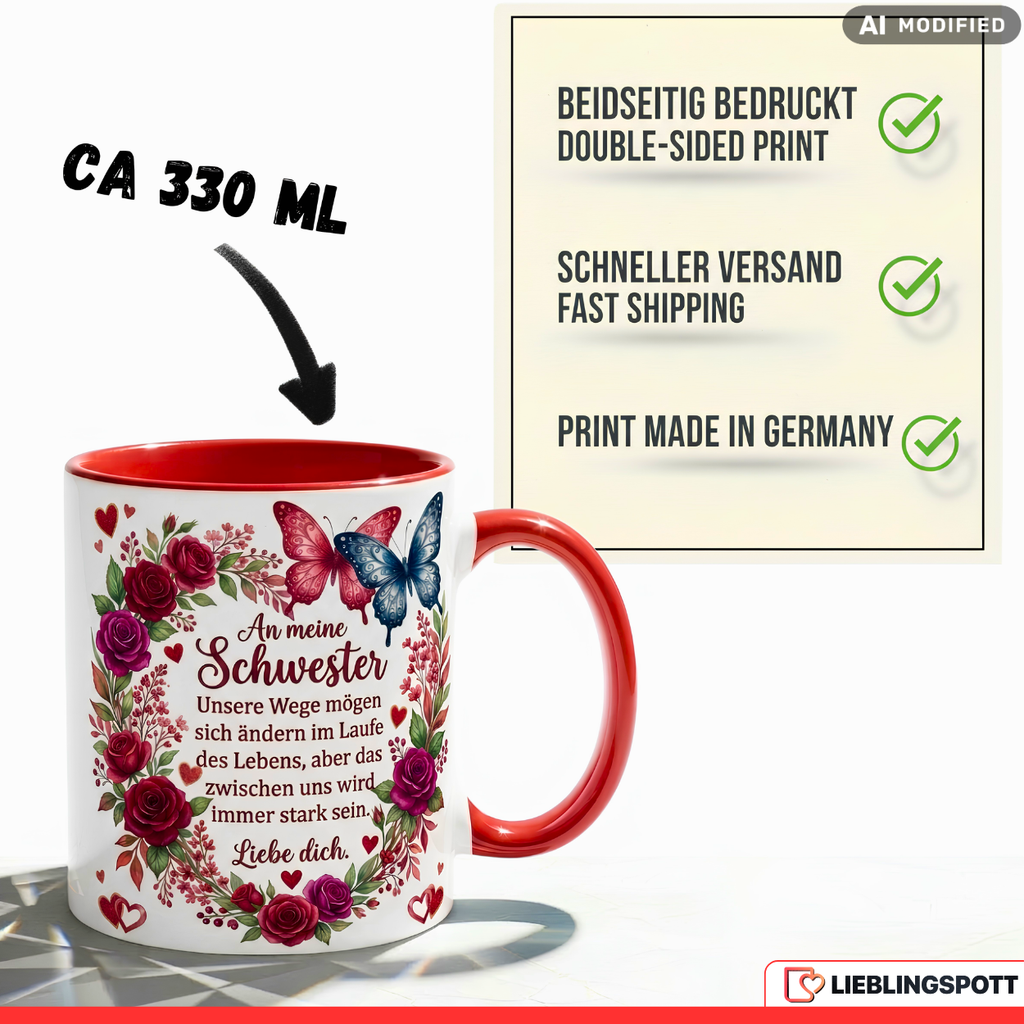 Schwester Tasse Spruch Wege Geschenk Danke Geburtstag Rot Kaffeetasse 330ml