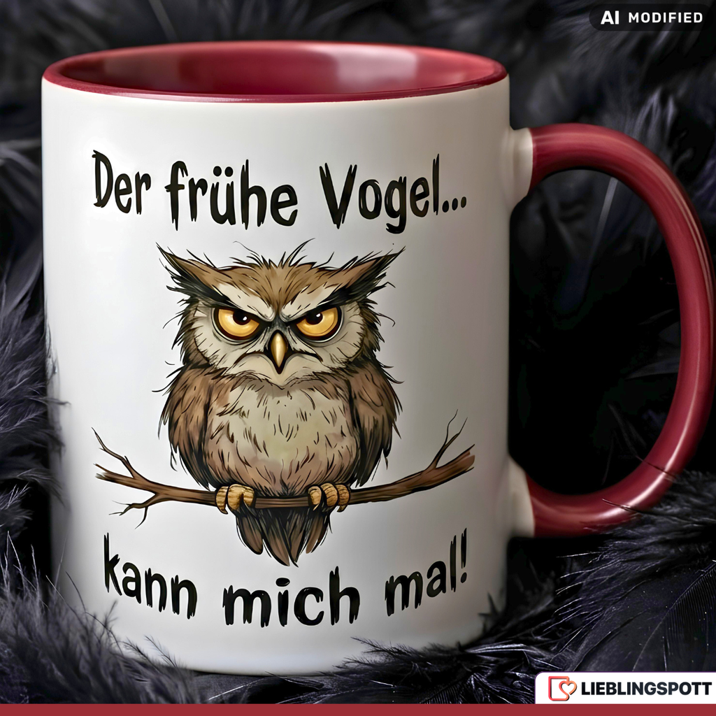 Eule Tasse Spruch Morgenmuffel Büro Geschenk Roter Becher 330ml