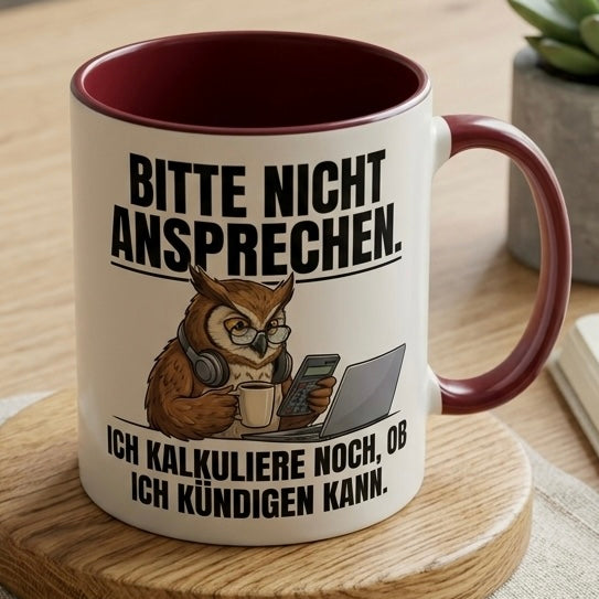 Lustige Eule Tasse Spruch Bitte nicht ansprechen Ich kalkuliere noch ob ich kündigen kann – Witzige Kaffeetasse Büro Arbeit Job Finanzen Buchhaltung – Geschenk Kollegen – Keramik 330ml