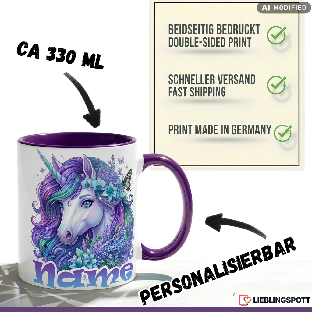 Einhorn Tasse Name personalisiert Geschenk Mädchen Lila Becher 330ml