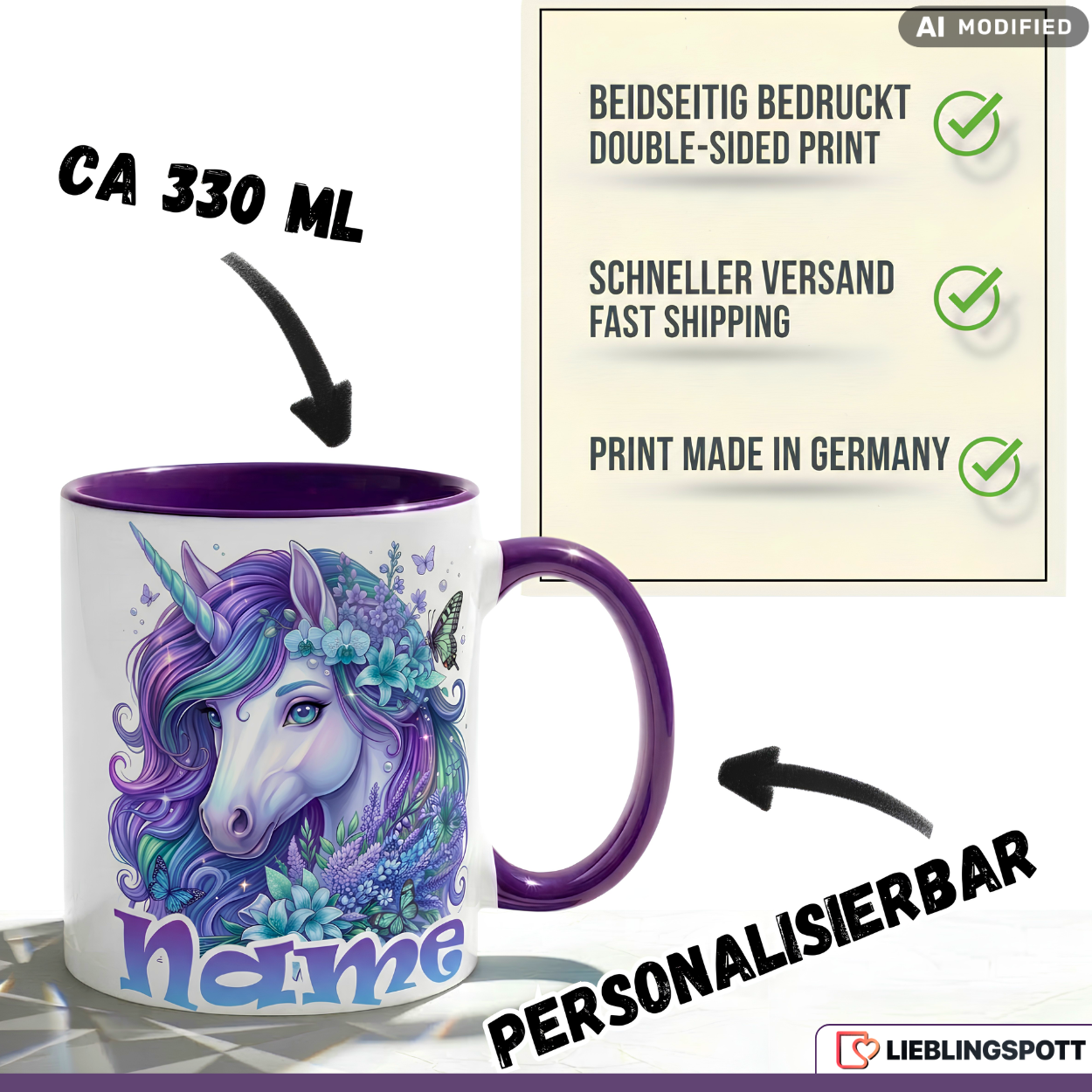 Einhorn Tasse Name personalisiert Geschenk Mädchen Lila Becher 330ml