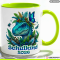 Schulkind Tasse Dino Geschenk Einschulung 2026 Dinosaurier Blau Becher 330ml