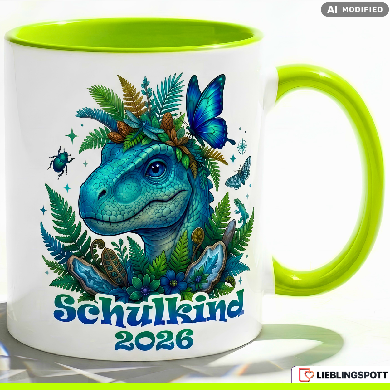 Schulkind Tasse Dino Geschenk Einschulung 2026 Dinosaurier Blau Becher 330ml