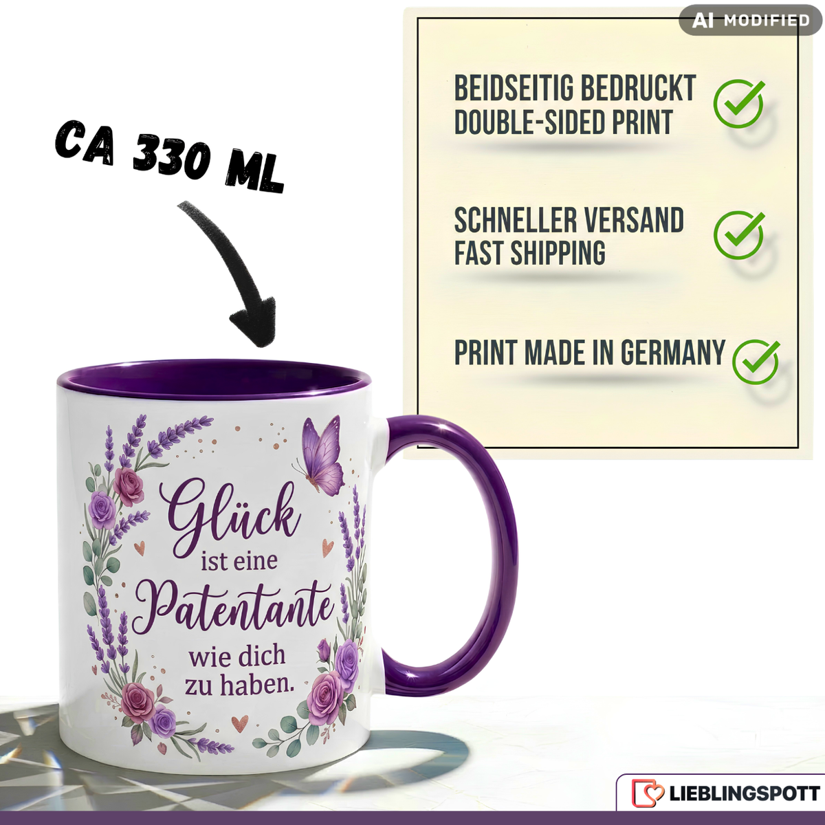 Patentante Tasse Spruch Glück Geschenk Danke Geburtstag Lila Becher 330ml