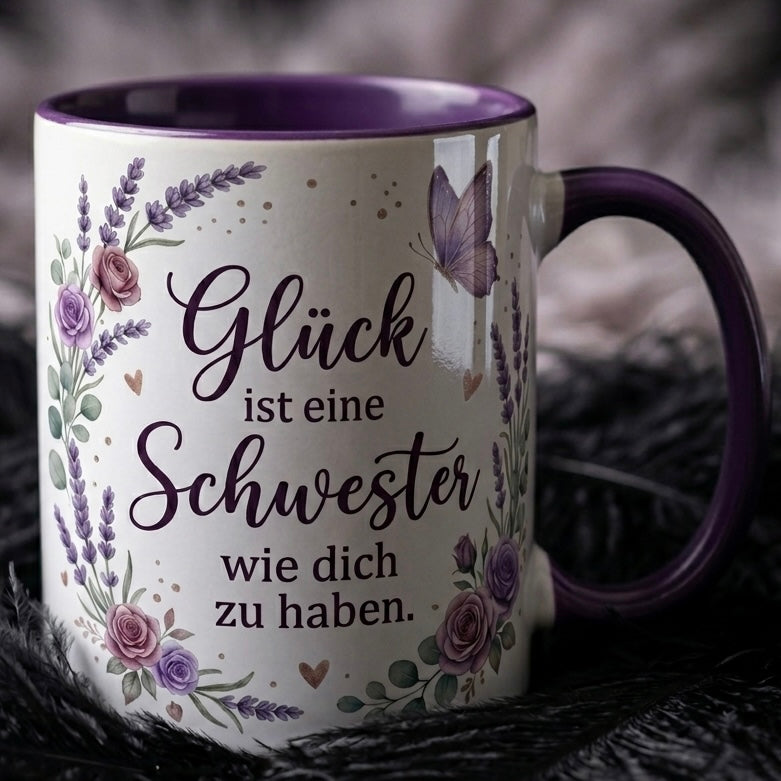 Schwester Tasse Spruch Glück ist eine Schwester wie dich zu haben – Geschenk für Schwestern Geburtstag Danke Weihnachten – Kaffeetasse Lavendel – Becher Weiß Lila 330ml