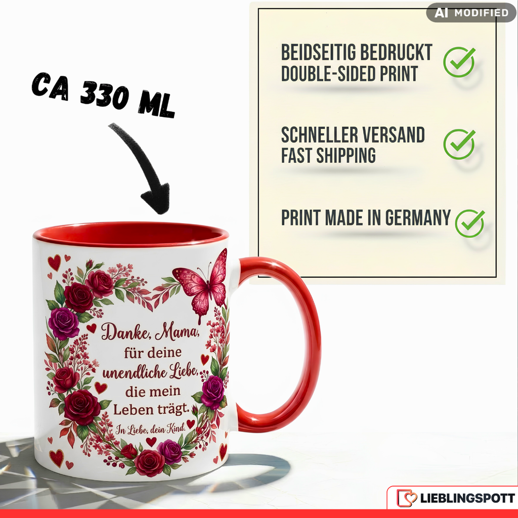 Mama Tasse Spruch Danke Geschenk Muttertag Geburtstag Rot Kaffeetasse 330ml