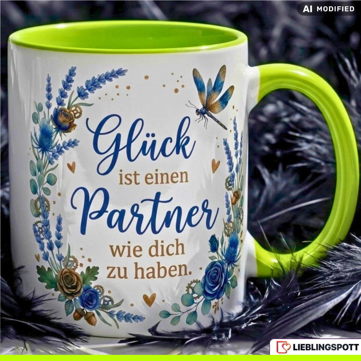 Partner Tasse Spruch Glück Geschenk Jahrestag Geburtstag Blau Becher 330ml