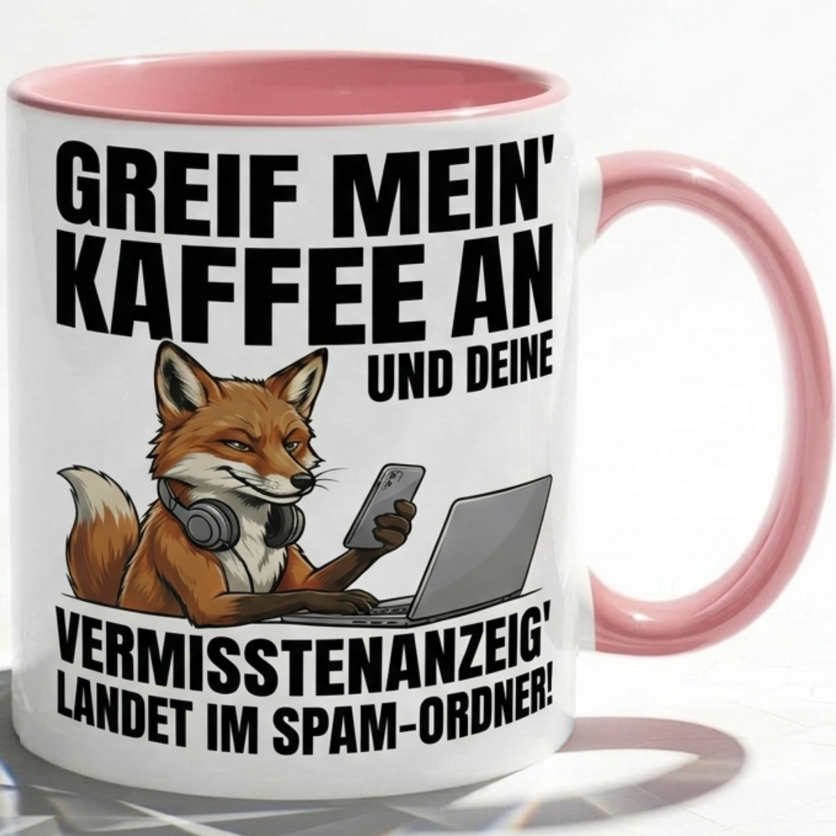 Lustige Fuchs Tasse Spruch Greif mein Kaffee an Vermisstenanzeig landet im Spam-Ordner – Witzige Kaffeetasse Büro Arbeit Job IT Hacker Humor – Geschenk Kollegen – Keramik Becher 330ml