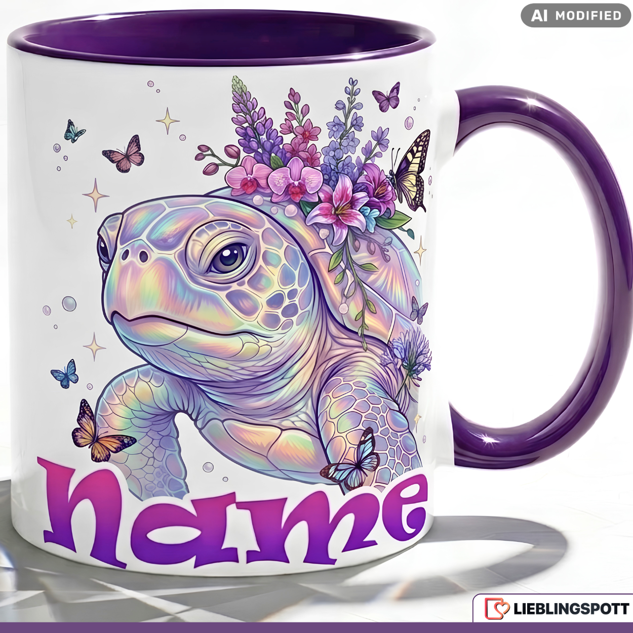 Schildkröte Tasse Name personalisiert Geschenk Mädchen Lila Becher 330ml