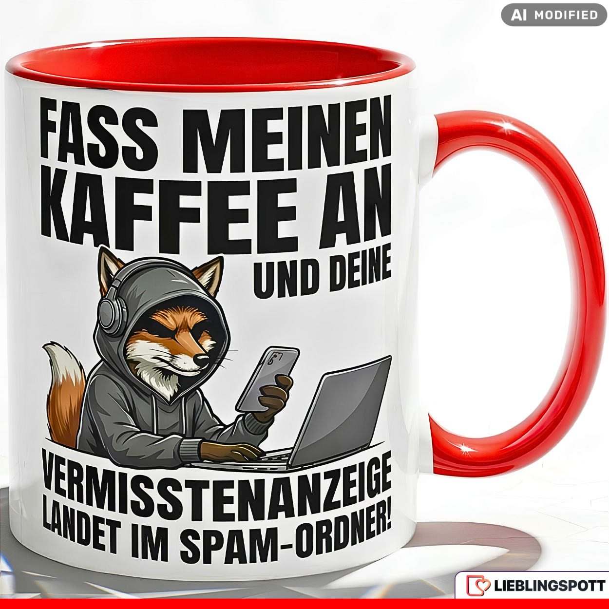 Fuchs Tasse Spruch Fass meinen Kaffee an Vermisstenanzeige landet im Spam-Ordner – Witzige Kaffeetasse Büro Arbeit Job IT Hacker Humor – Geschenk Kollegen – Keramik Becher 330ml