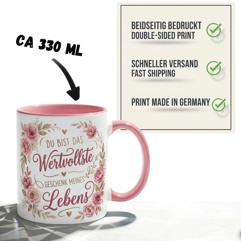 Lieblingsmensch Tasse Spruch Du bist das wertvollste Geschenk meines Lebens – Geschenk Geburtstag Jahrestag Danke Weihnachten Partner – Kaffeetasse Blumen – Keramik Becher 330ml