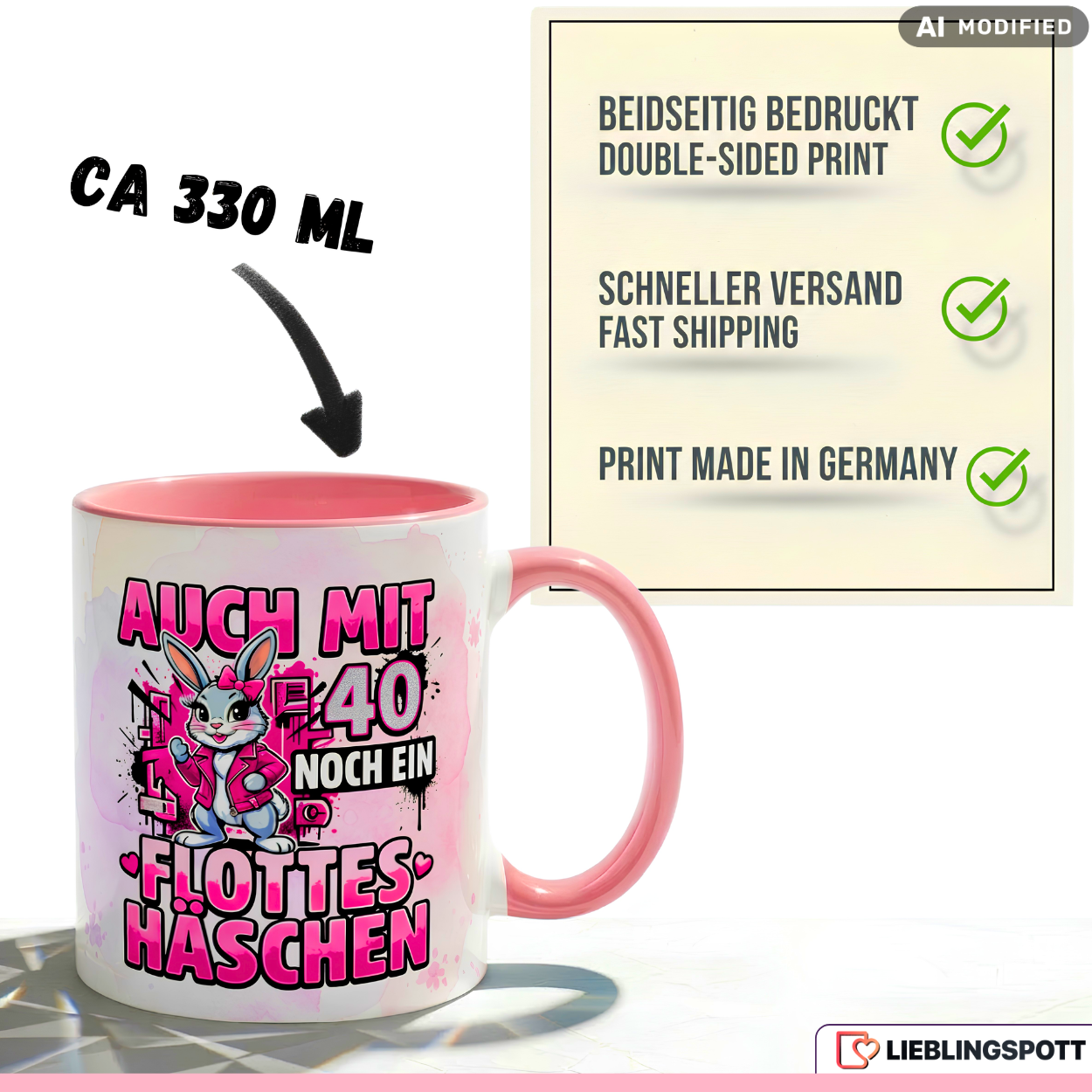 Lustige Tasse 40 Geburtstag Spruch Auch mit 40 noch ein flottes Häschen – Witziges Geschenk für Frauen Freundin Kollegin Mama Schwester – Kaffeetasse Hase – Keramik Becher 330ml