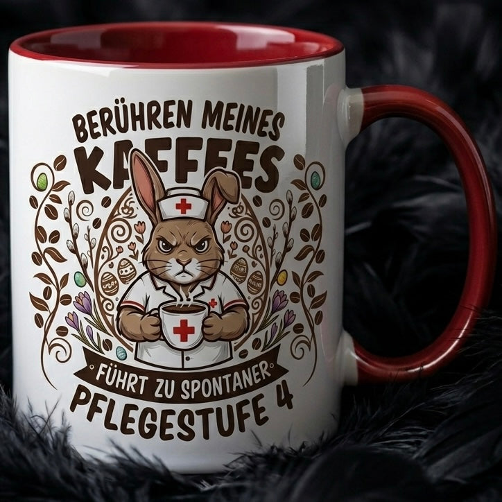 Pflege Tasse Spruch Berühren meines Kaffees führt zu spontaner Pflegestufe 4 – Witzige Kaffeetasse Krankenschwester Altenpflege Beruf Humor – Geschenk Kollegen – Keramik 330ml