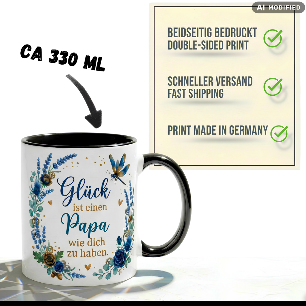 Papa Tasse Spruch Glück Geschenk Vatertag Geburtstag Blau Becher 330ml