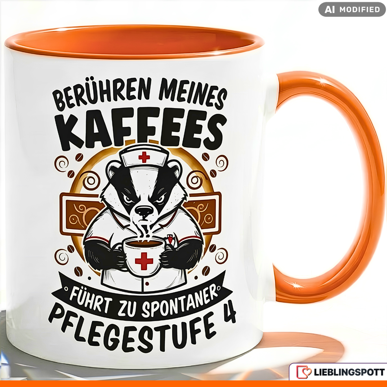 Lustige Dachs Tasse Spruch Berühren meines Kaffees führt zu spontaner Pflegestufe 4 – Witzige Kaffeetasse Pflegekraft Krankenschwester Pfleger – Geschenk Krankenhaus Altenpflege – Keramik 330ml