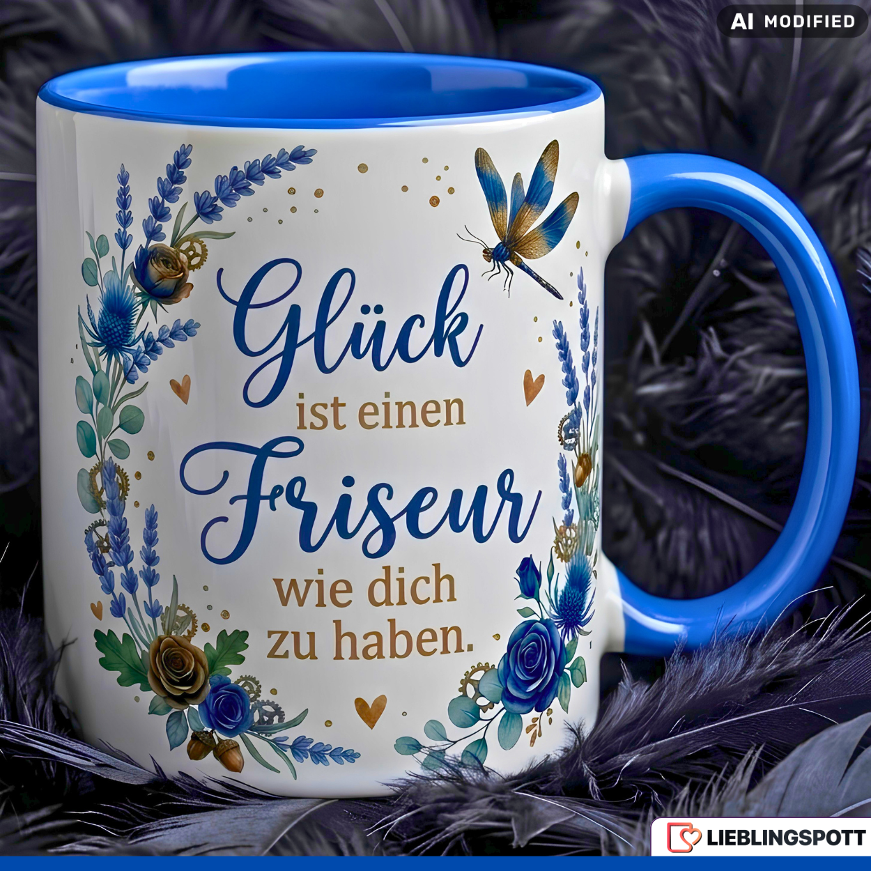 Friseur Tasse Spruch Glück Geschenk Danke Geburtstag Salon Blau Becher 330ml