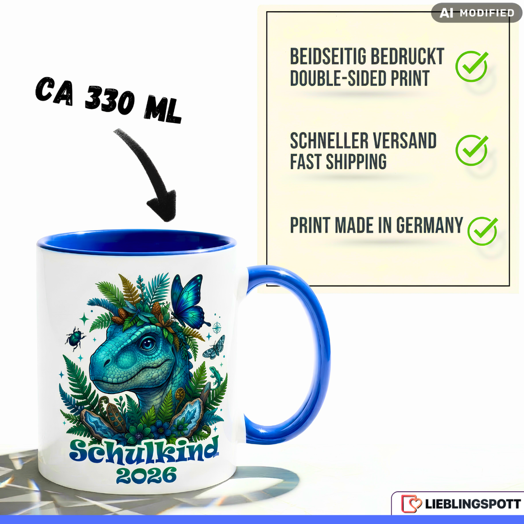 Schulkind Tasse Dino Geschenk Einschulung 2026 Dinosaurier Blau Becher 330ml
