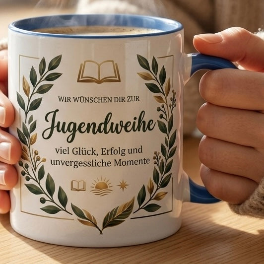 Jugendweihe Tasse Spruch Wir wünschen dir zur Jugendweihe – Geschenk für Jungen Teenager Erinnerung Feier 2027 Glück Erfolg – Kaffeetasse Blätter – Keramik Becher Weiß Blau 330ml