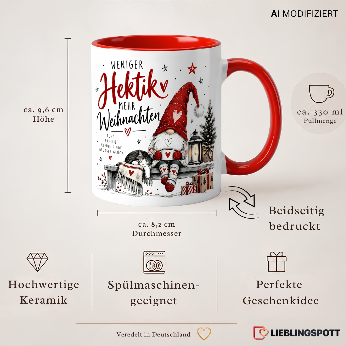 Weihnachtstasse „Weniger Hektik, mehr Weihnachten“ – Keramik ca. 330 ml
