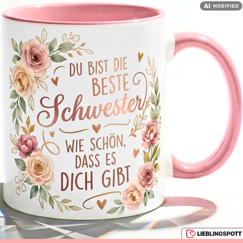Schwester Tasse Spruch Beste Geschenk Danke Geburtstag Rosa Becher 330ml