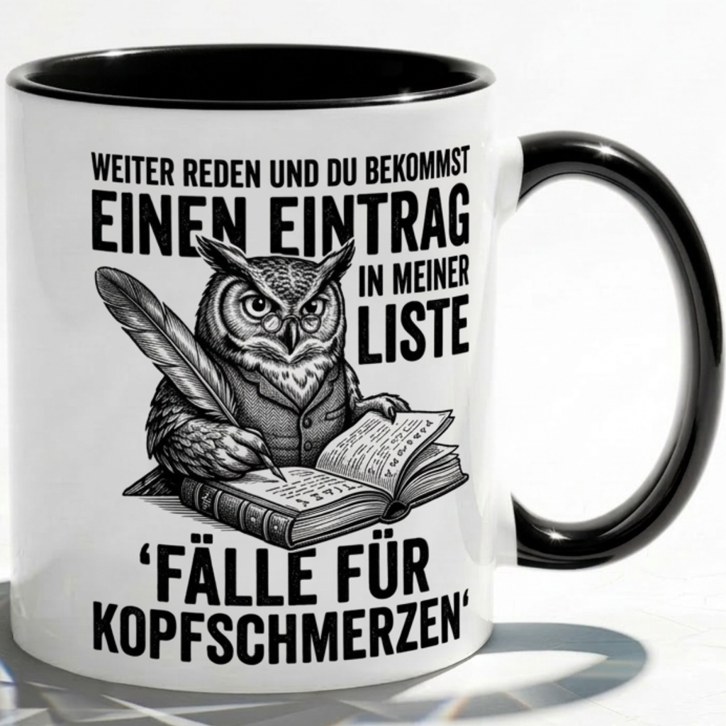Lehrer Tasse Spruch Weiter reden und du bekommst einen Eintrag in meiner Liste – Lustiges Geschenk Kollegen Büro Humor Eule – Kaffeetasse Sarkasmus – Keramik Becher Weiß Rot Dunkelrot 330ml