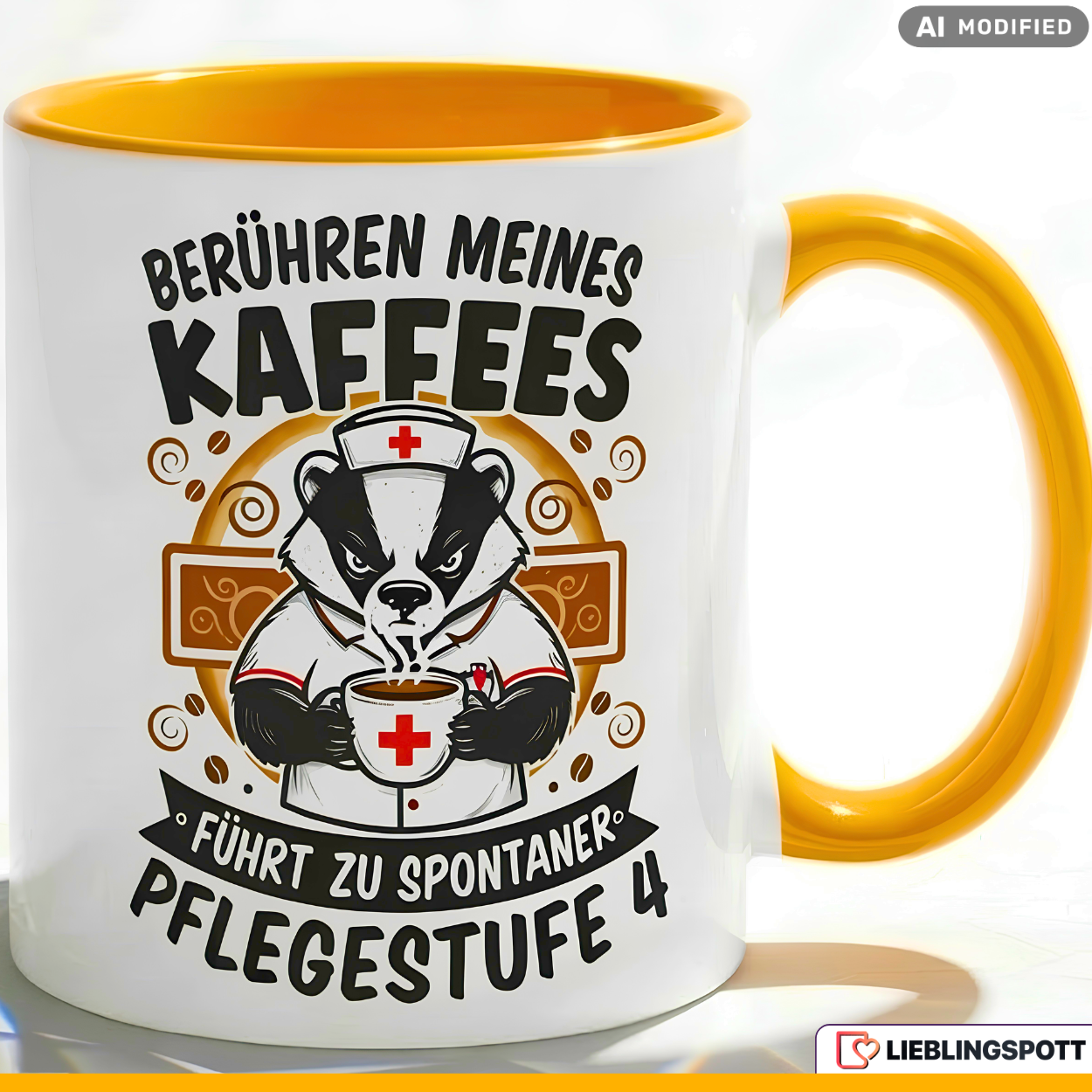 Lustige Dachs Tasse Spruch Berühren meines Kaffees führt zu spontaner Pflegestufe 4 – Witzige Kaffeetasse Pflegekraft Krankenschwester Pfleger – Geschenk Krankenhaus Altenpflege – Keramik 330ml