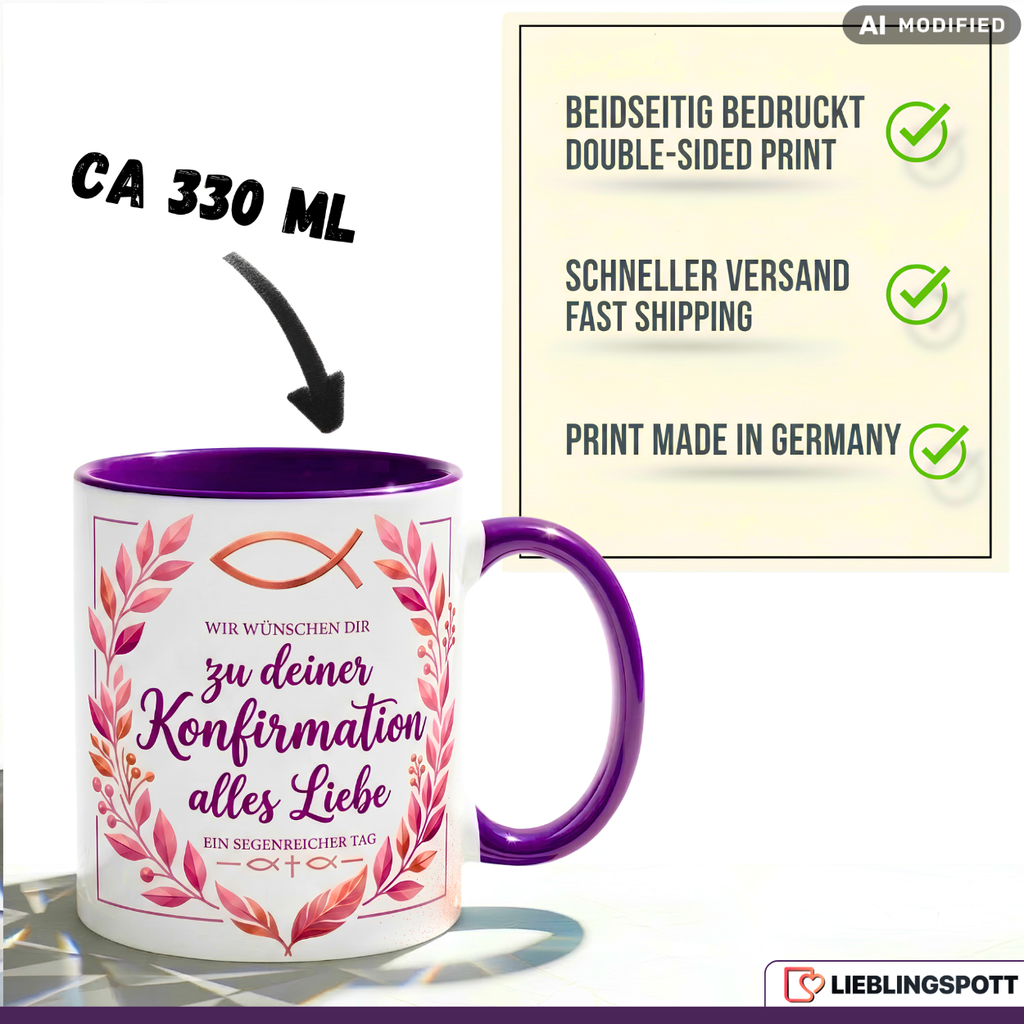 Konfirmation Tasse Spruch Geschenk alles Liebe Lila Becher 330ml