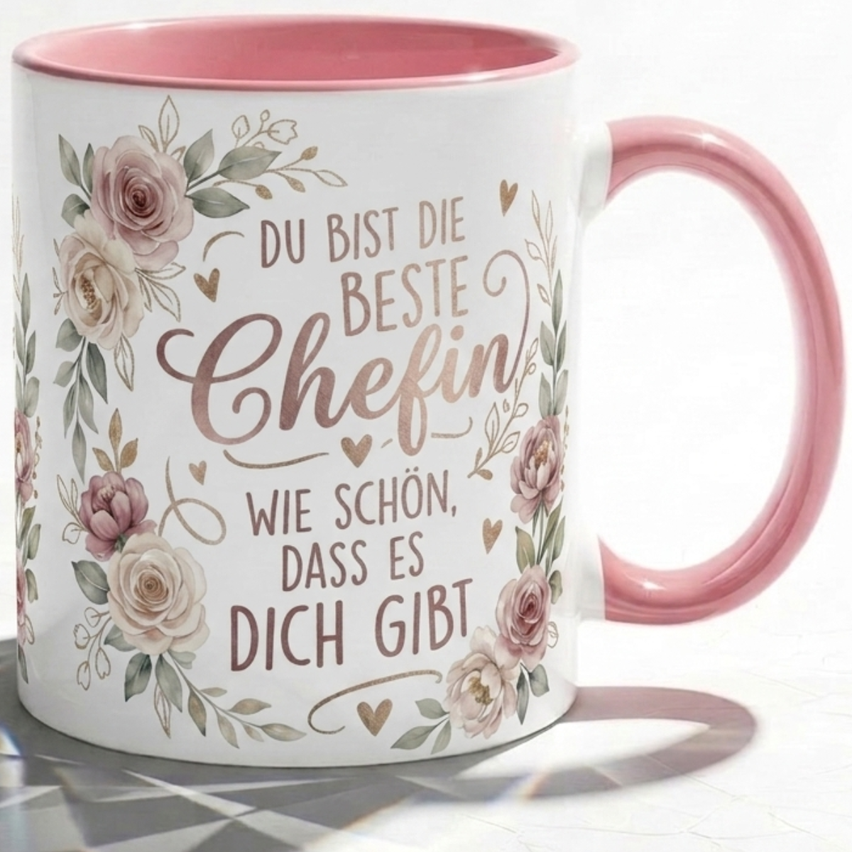 Chefin Tasse Spruch Du bist die beste Chefin Wie schön dass es dich gibt – Geschenk für Vorgesetzte Geburtstag Danke Abschied Weihnachten – Kaffeetasse Blumen – Keramik Becher Weiß Rosa 330ml