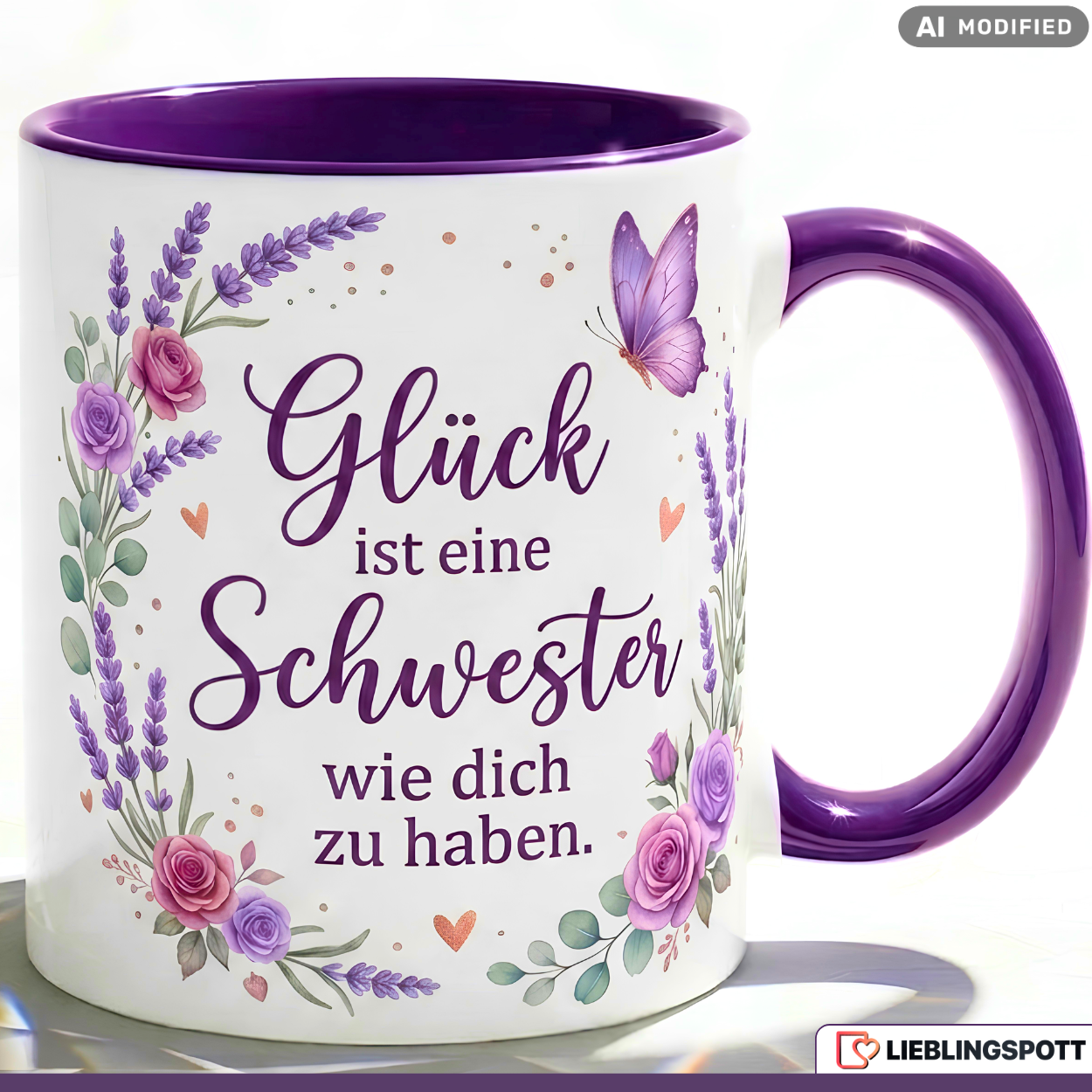 Schwester Tasse Spruch Glück Geschenk Danke Geburtstag Lila Becher 330ml