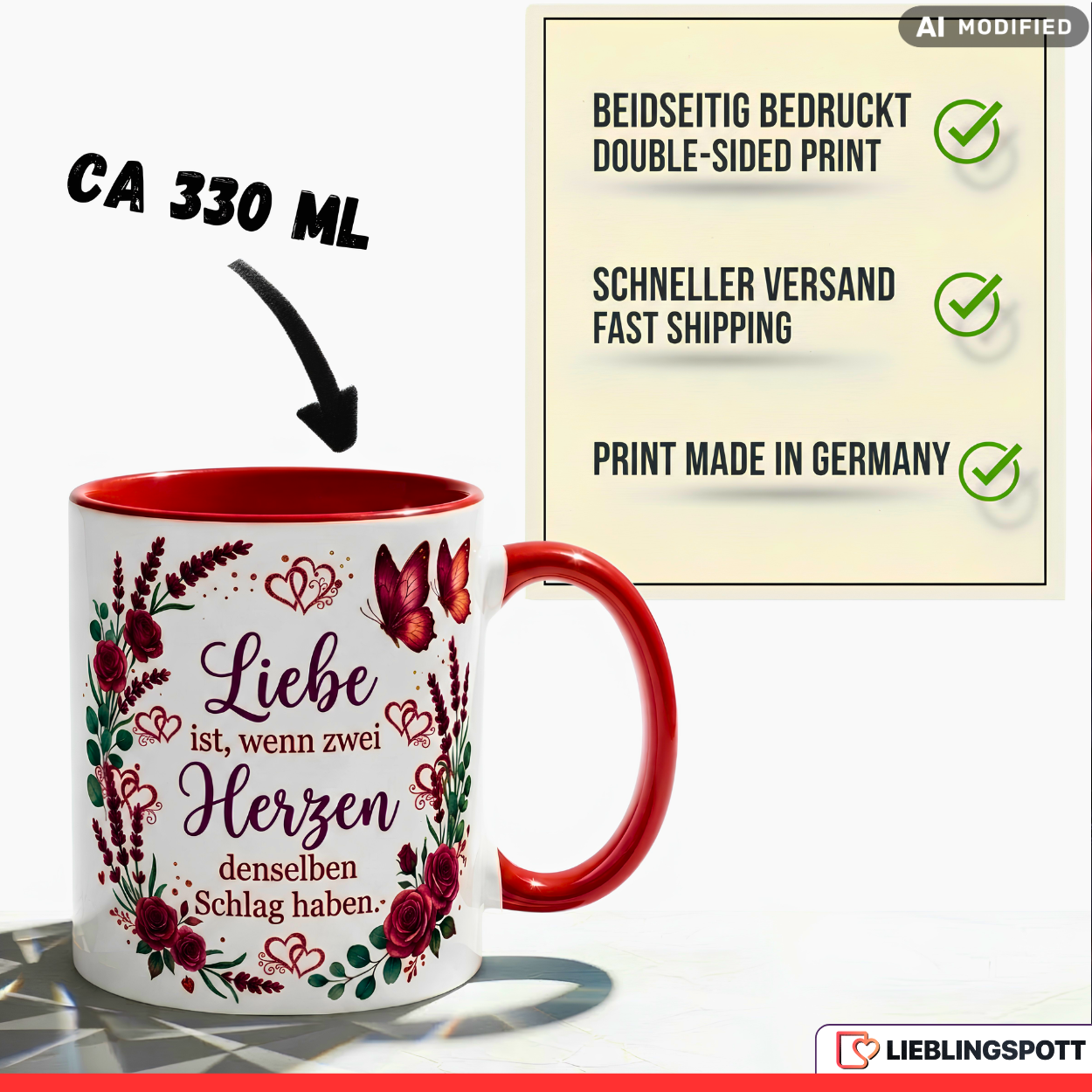 Liebe Tasse Spruch Herzen Geschenk Jahrestag Valentinstag Rot Becher 330ml