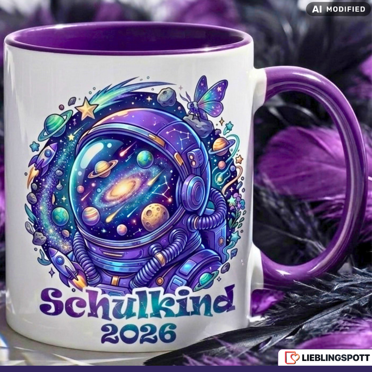 Schulkind Tasse Astronaut Geschenk Einschulung 2026 Lila Becher 330ml