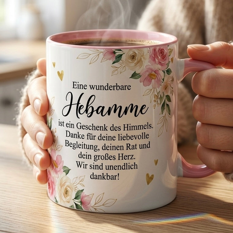 Hebamme Tasse mit Spruch Eine wunderbare Hebamme ist ein Geschenk des Himmels – Danke für deine Begleitung Abschiedsgeschenk Geburt Wochenbett Schwangerschaft – Keramik Becher 330ml