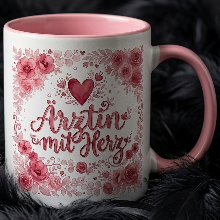 Ärztin Tasse Spruch Ärztin mit Herz – Geschenk für Medizinerin Doktorin Medizinstudium Promotion Abschied – Kaffeetasse Blumen – Keramik Becher Weiß Rosa 330ml