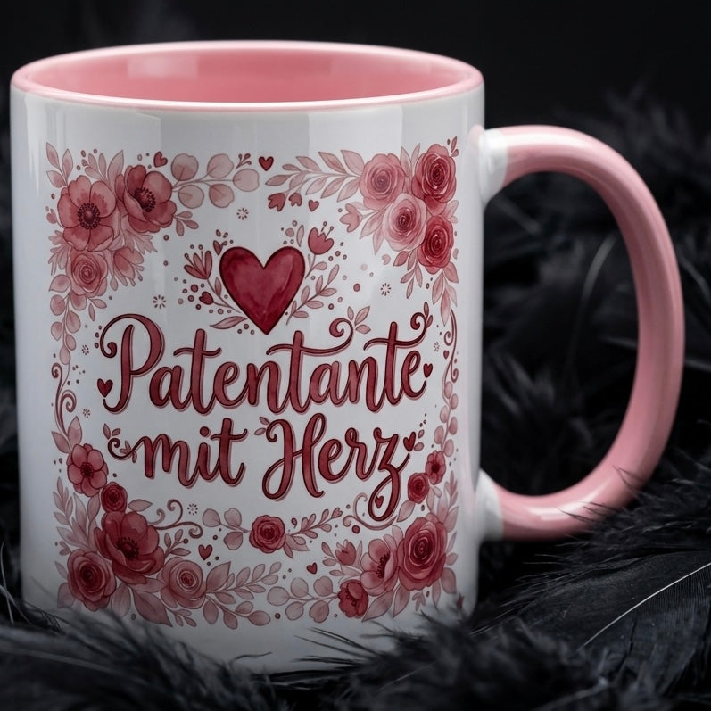 Patentante Tasse Spruch Patentante mit Herz – Geschenk für Patin Geburtstag Danke Taufe Kommunion Weihnachten Patenkind – Kaffeetasse Blumenmotiv – Keramik Becher Weiß Rosa 330ml