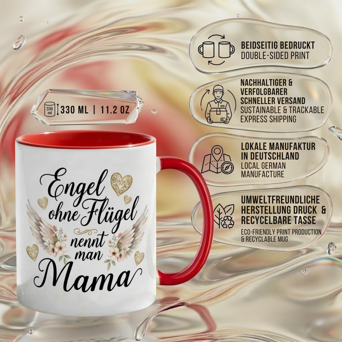 Mama Tasse Spruch Engel ohne Flügel als Geschenk Liebe, Blumen, Herz von Tochter, Sohn