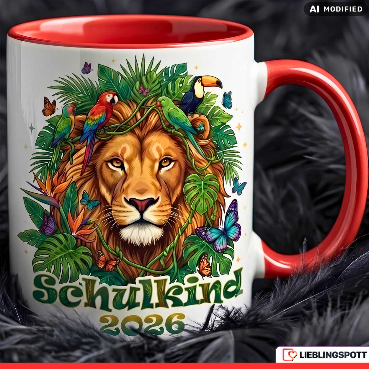 Schulkind Tasse Löwe Geschenk Einschulung 2026 Dschungel Rot Becher 330ml