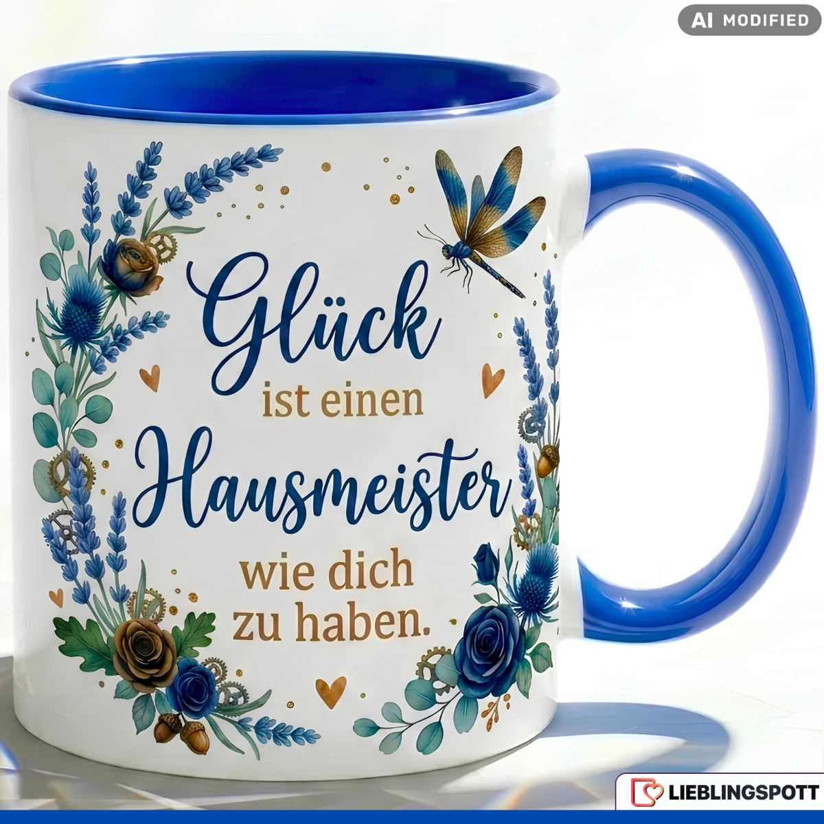 Hausmeister Tasse Spruch Glück Geschenk Danke Geburtstag Blau Becher 330ml