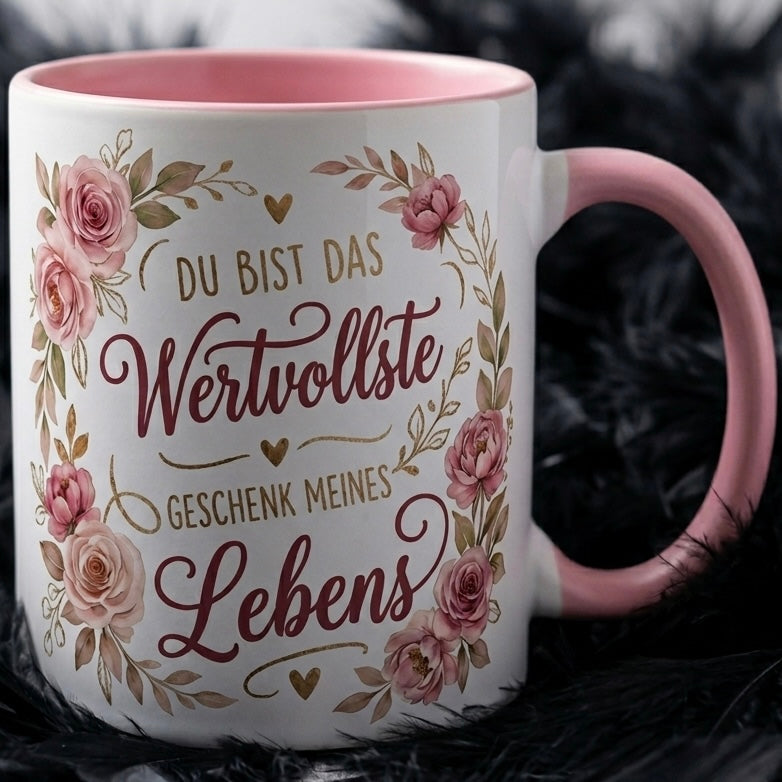 Lieblingsmensch Tasse Spruch Du bist das wertvollste Geschenk meines Lebens – Geschenk Geburtstag Jahrestag Danke Weihnachten Partner – Kaffeetasse Blumen – Keramik Becher 330ml