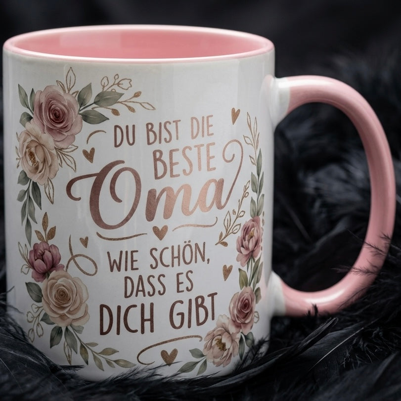 Oma Tasse Spruch Du bist die beste Oma Wie schön dass es dich gibt – Geschenk für Großmutter Geburtstag Danke Weihnachten Enkelkinder – Kaffeetasse Blumen – Keramik Becher Weiß Rosa 330ml